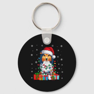 Ugly Xmas Lights Santa Hat Shetland Sheepdog Dog C Keychain