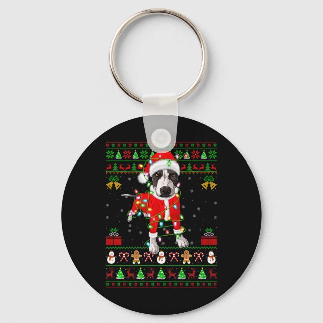 Ugly Xmas Lights Santa Tbull Dog Christmas T Shirt Keychain (Front)