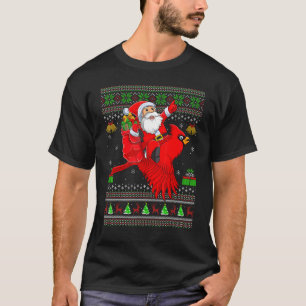 Ugly Xmas Santa Riding Cardinal Bird Christmas T-Shirt