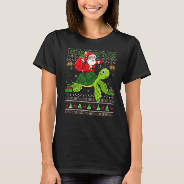 Ugly Xmas Santa Riding Sea Turtle Christmas T-Shirt (Front)