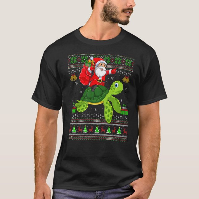 Ugly Xmas Santa Riding Sea Turtle Christmas T-Shirt (Front)