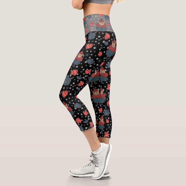 Ugly Xmas Scandi Bull Black High Waisted Capris (Left)