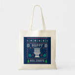 Ugly Xmas Sweater Happy Holidays Dreidels Tote Bag<br><div class="desc">A clever twist on the Ugly Christmas Sweater:  traditional red,  green,  white colours,  a menorah and blue-green Dreidels. Contact designer for special requests. © Copyright 2021 P.D.,  Holiday Patterns And Paintings.  All rights reserved.</div>