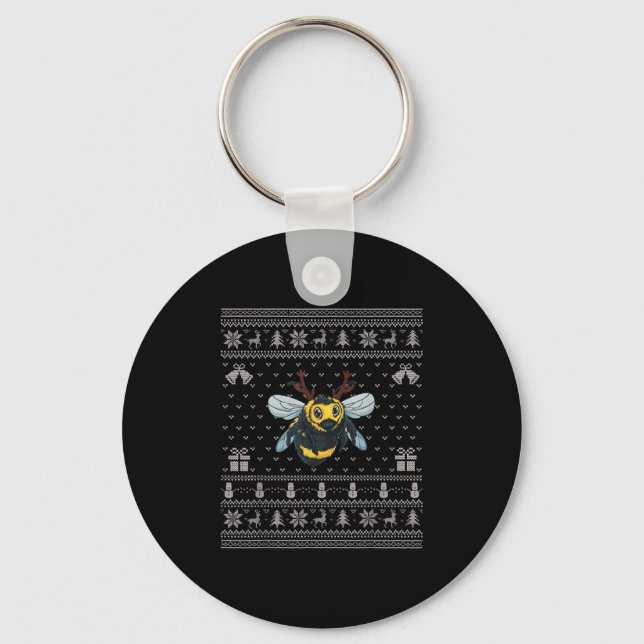 Ugly Xmas Sweater Style Bumble Bee Reindeer Christ Keychain (Front)