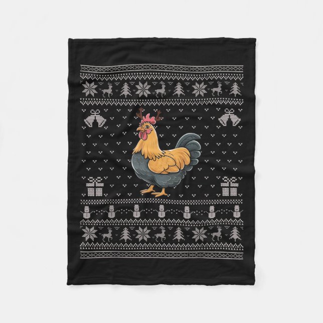 Ugly Xmas Sweater Style Chicken Reindeer Christmas Fleece Blanket (Front)