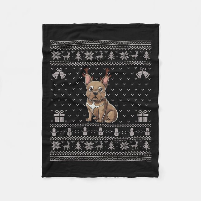 Ugly Xmas Sweater Style Frenchie Dog Reindeer Chri Fleece Blanket (Front)