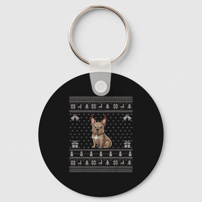 Ugly Xmas Sweater Style Frenchie Dog Reindeer Chri Keychain (Front)