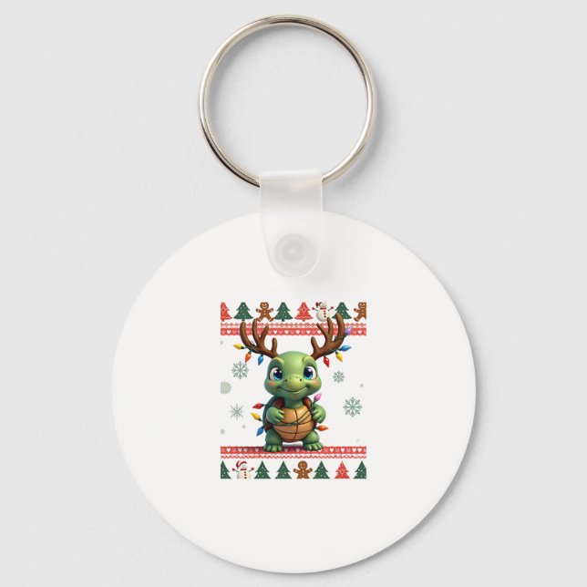 Ugly Xmas Sweater Style Lighting Turtle Christmas  Keychain (Front)