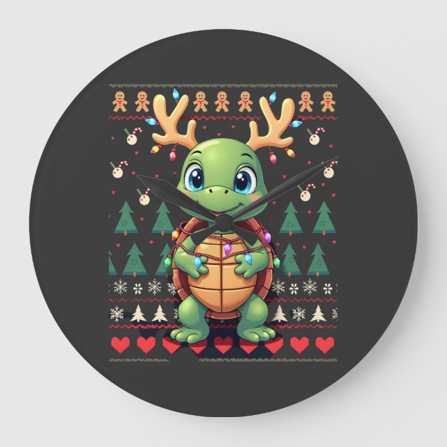 Ugly Xmas Sweater Style Lighting Turtle Christmas  Large Clock (Front)