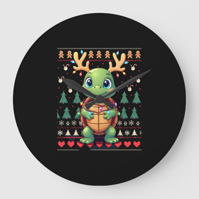 Ugly Xmas Sweater Style Lighting Turtle Christmas  Large Clock (Front)