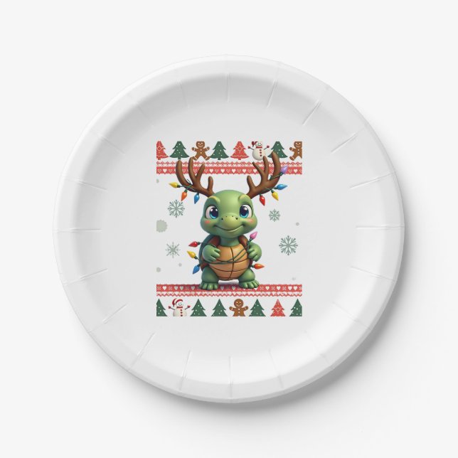 Ugly Xmas Sweater Style Lighting Turtle Christmas  Paper Plate (Front)