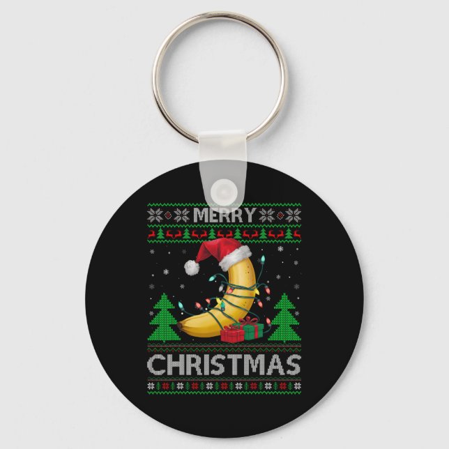 Ugly Xmas Sweater Style Lights Santa Banana Christ Keychain (Front)