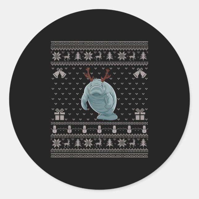 Ugly Xmas Sweater Style Manatee Reindeer Christmas Classic Round Sticker (Front)