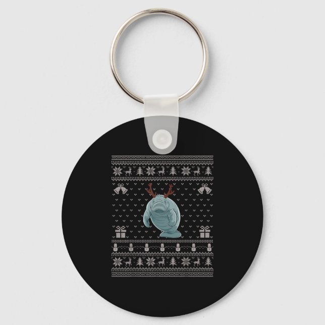 Ugly Xmas Sweater Style Manatee Reindeer Christmas Keychain (Front)