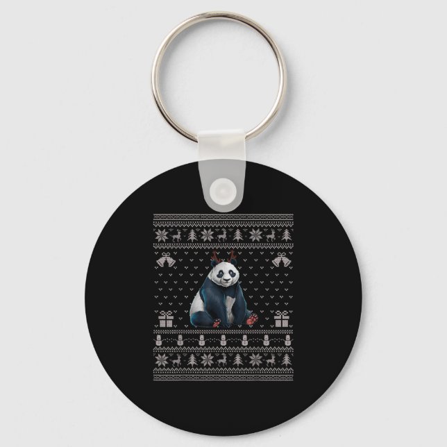 Ugly Xmas Sweater Style Panda Reindeer Christmas  Keychain (Front)