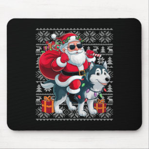 Ugly Xmas Sweater Style Santa Riding Husky Dog Chr Mouse Pad