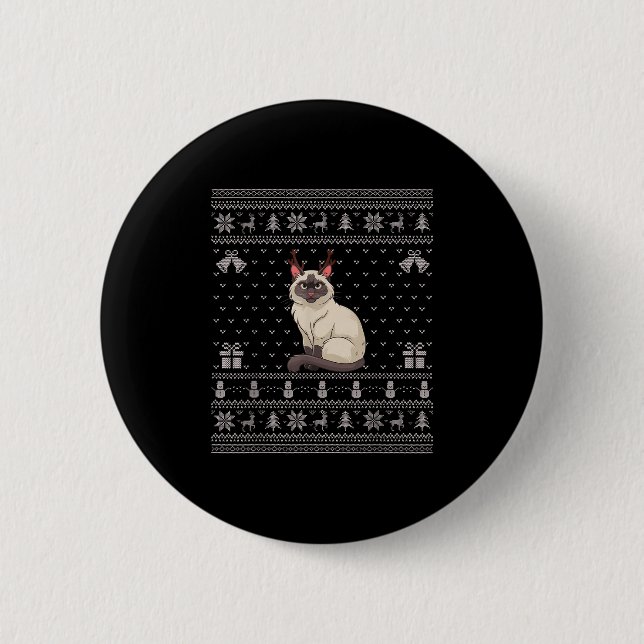 Ugly Xmas Sweater Style Siamese Cat Reindeer Chris 2 Inch Round Button (Front)