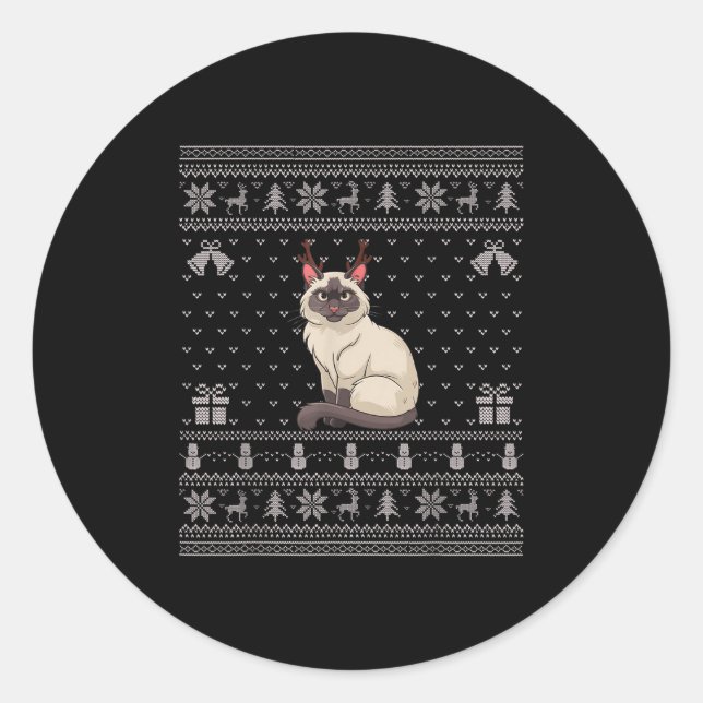 Ugly Xmas Sweater Style Siamese Cat Reindeer Chris Classic Round Sticker (Front)