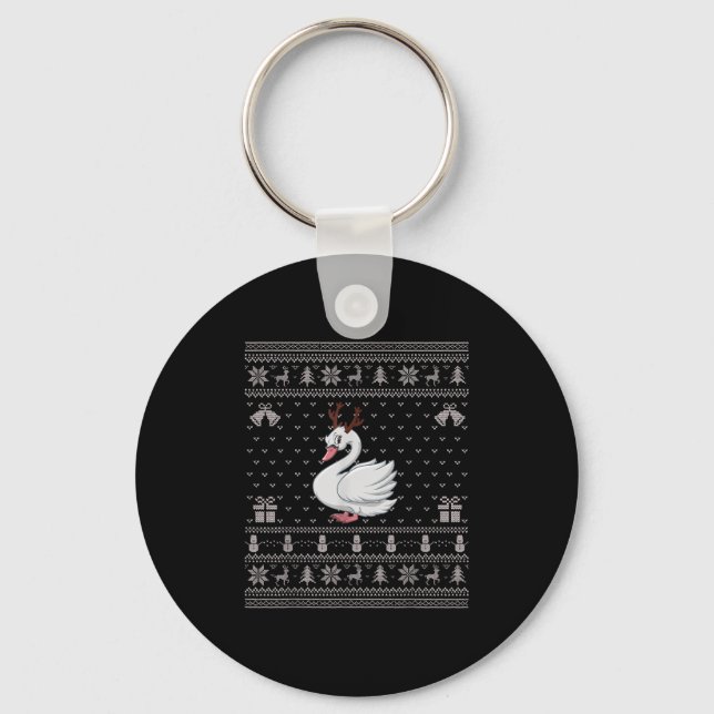 Ugly Xmas Sweater Style Swans Reindeer Christmas  Keychain (Front)