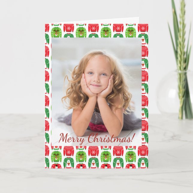 Ugly Xmas Sweaters Polar Bear Snowman Rudolf Photo Note Card (Front)