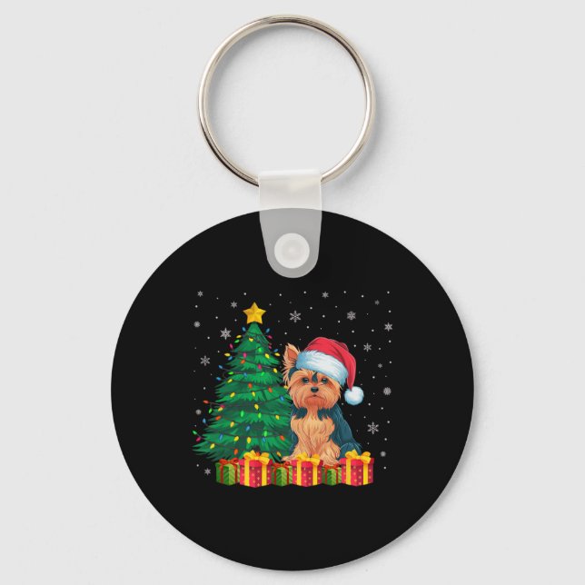 Ugly Yorkie Santa Hat Christmas Lights Dog Lover X Keychain (Front)