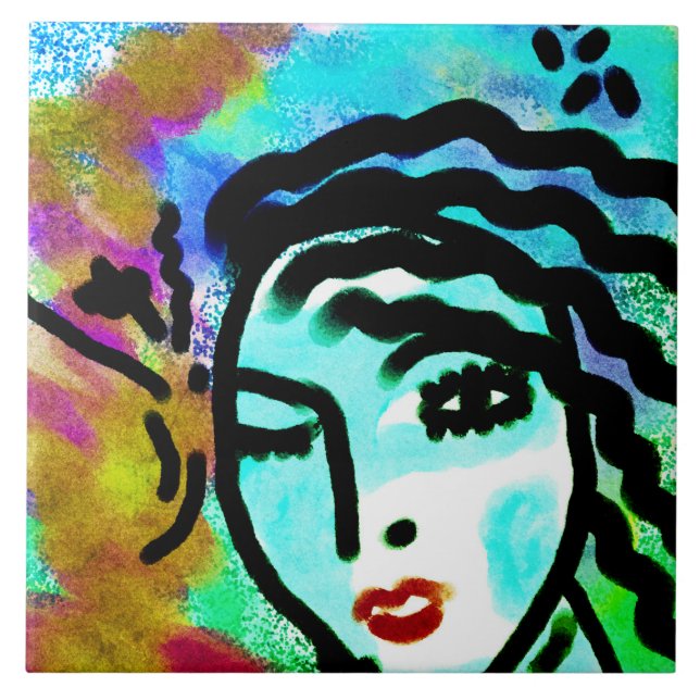 Uh Huh Colourful Abstract Portrait of a Woman Tile (Front)