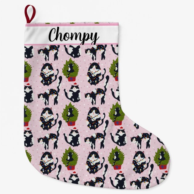 Uh Oh!  The Cat's in the Tree Large Christmas Stocking (Front)