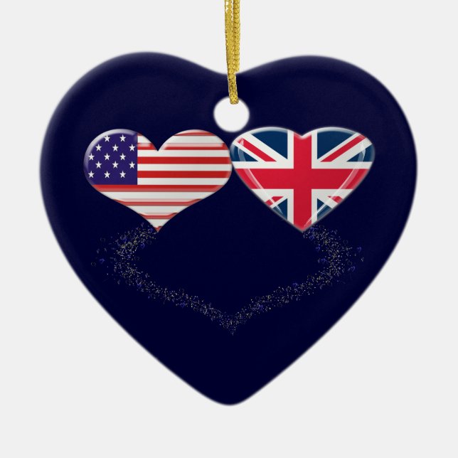 UK and USA Hearts Flag and Ticker tape Ceramic Ornament (Front)