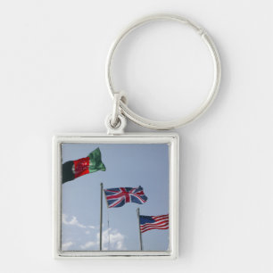UK Flag between the Afghan and US flags Keychain