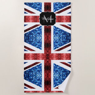 UK flag red and blue sparkles glitters Monogram Beach Towel