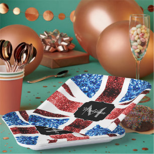 UK flag red and blue sparkles glitters Monogram Paper Plate