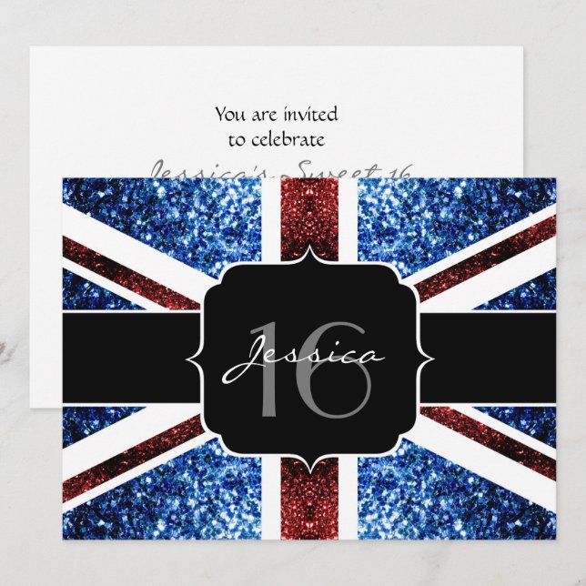 UK flag red blue sparkles glitter Sweet 16 invite (Front/Back)