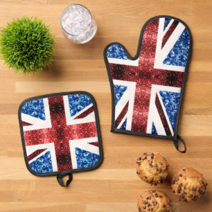 UK flag red blue sparkles glitters faux bling  Oven Mitt & Pot Holder Set