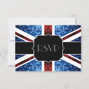 UK flag red blue sparkles glitters Sweet 16 RSVP Card