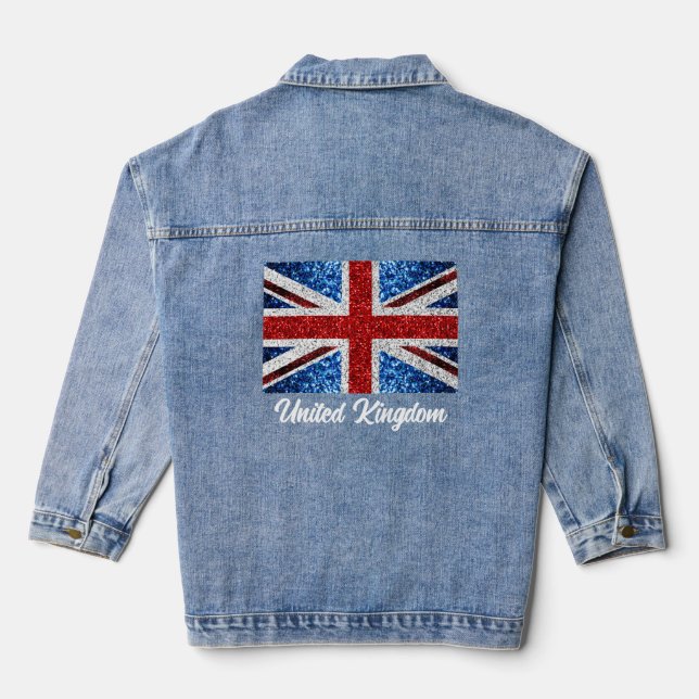 UK flag red blue white sparkles custom text Denim Jacket (Back)