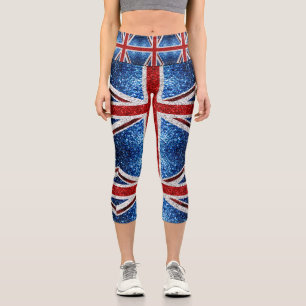 UK flag red blue white sparkles glitters Capri Leggings