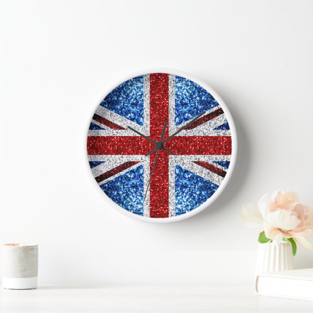 UK flag red blue white sparkles glitters Clock (Home)