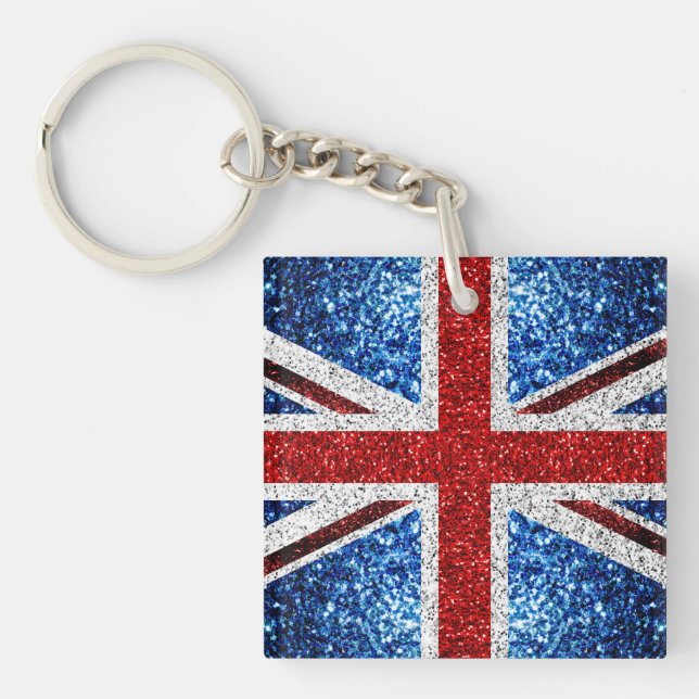 UK flag red blue white sparkles glitters Keychain (Front)
