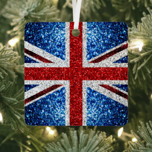 UK flag red blue white sparkles glitters Metal Ornament