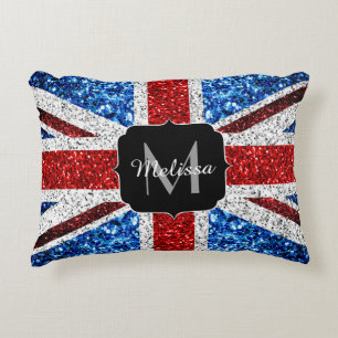 UK flag red blue white sparkles glitters Monogram Accent Pillow
