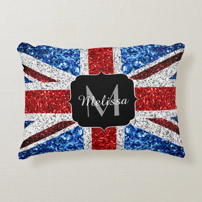 UK flag red blue white sparkles glitters Monogram Accent Pillow (Front)