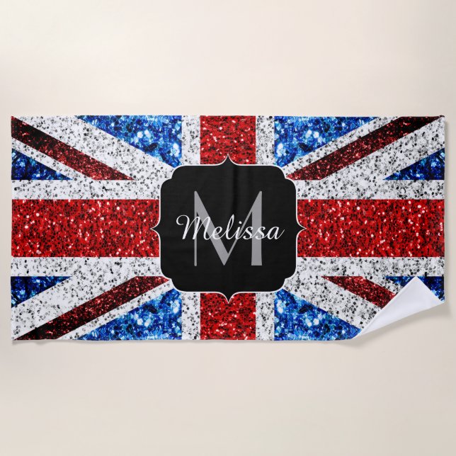 UK flag red blue white sparkles glitters Monogram Beach Towel (Front)