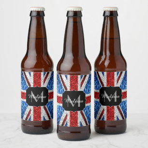 UK flag red blue white sparkles glitters Monogram Beer Bottle Label