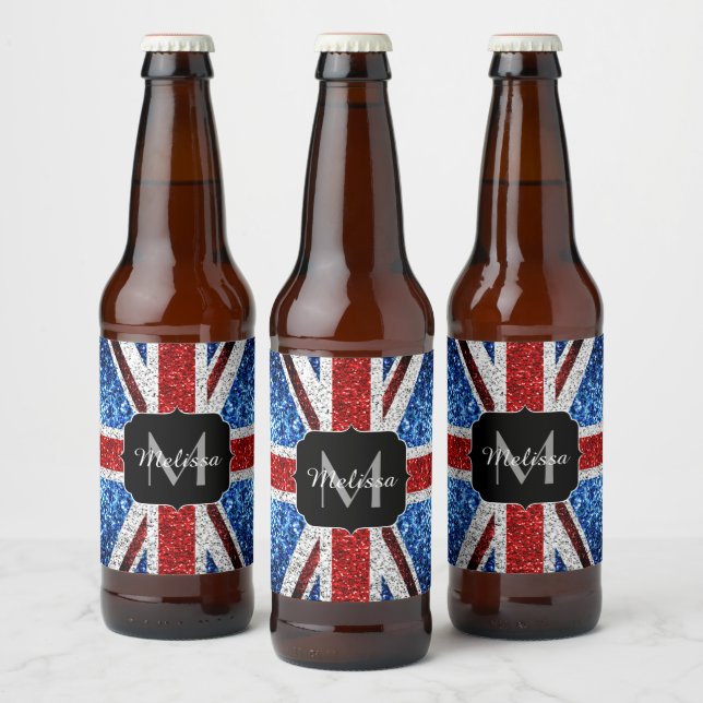 UK flag red blue white sparkles glitters Monogram Beer Bottle Label (Bottles)
