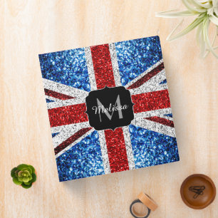 UK flag red blue white sparkles glitters Monogram Binder