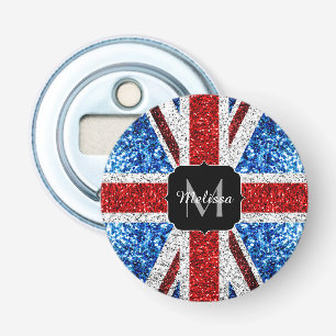 UK flag red blue white sparkles glitters Monogram Bottle Opener