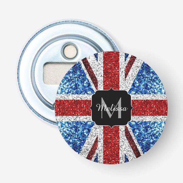 UK flag red blue white sparkles glitters Monogram Bottle Opener (Front)