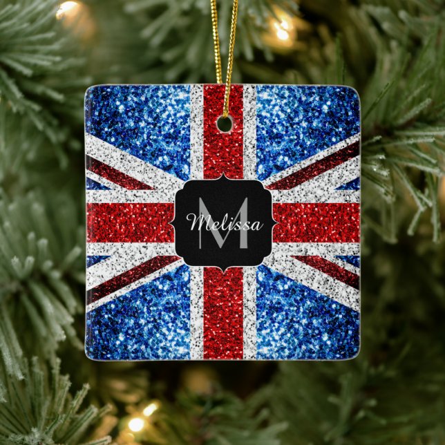 UK flag red blue white sparkles glitters Monogram Ceramic Ornament (Tree)
