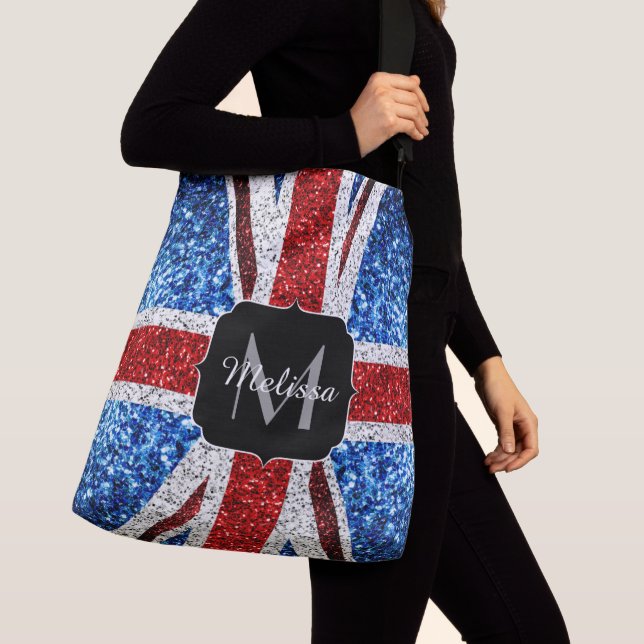 UK flag red blue white sparkles glitters Monogram Crossbody Bag (Close Up)