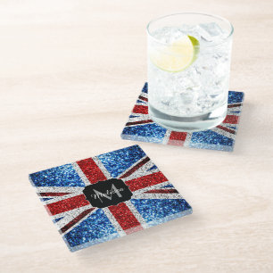 UK flag red blue white sparkles glitters Monogram Glass Coaster